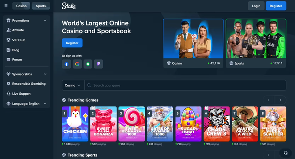 Lobby du casino Stake avec les jeux tendance